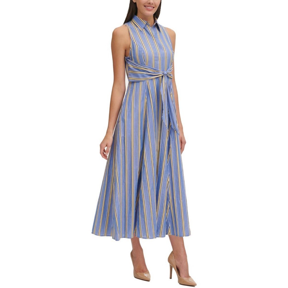 Tommy Hilfiger Sleeveless Midi Blue and Yellow Striped Shirt Dress